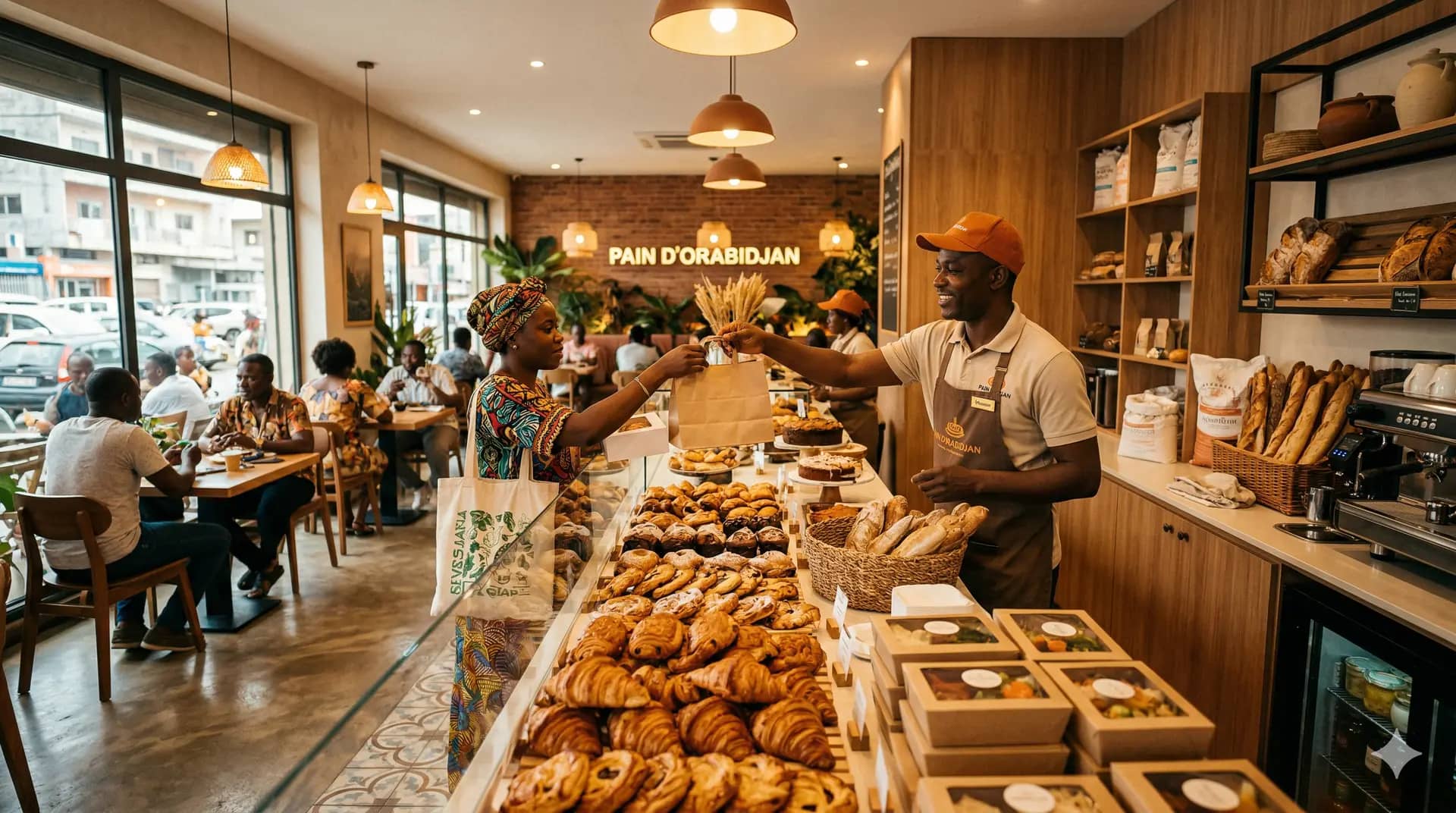 Une cliente récupère son panier Graya dans une boulangerie d'Abidjan