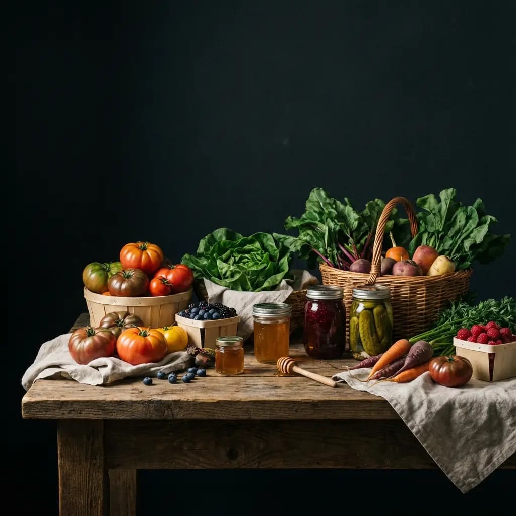 Étal de marché garni de fruits et légumes de saison