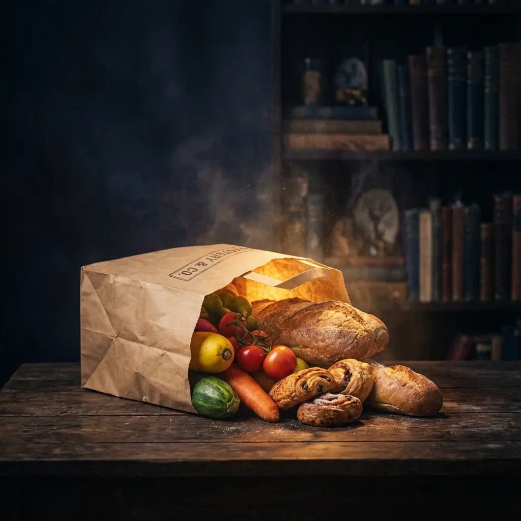 Panier surprise en papier kraft contenant du pain et des produits frais