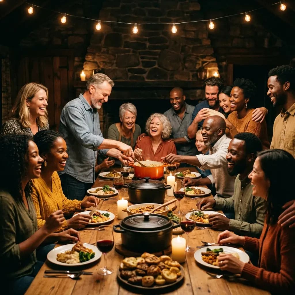 Des personnes partageant un repas ensemble dans une ambiance chaleureuse